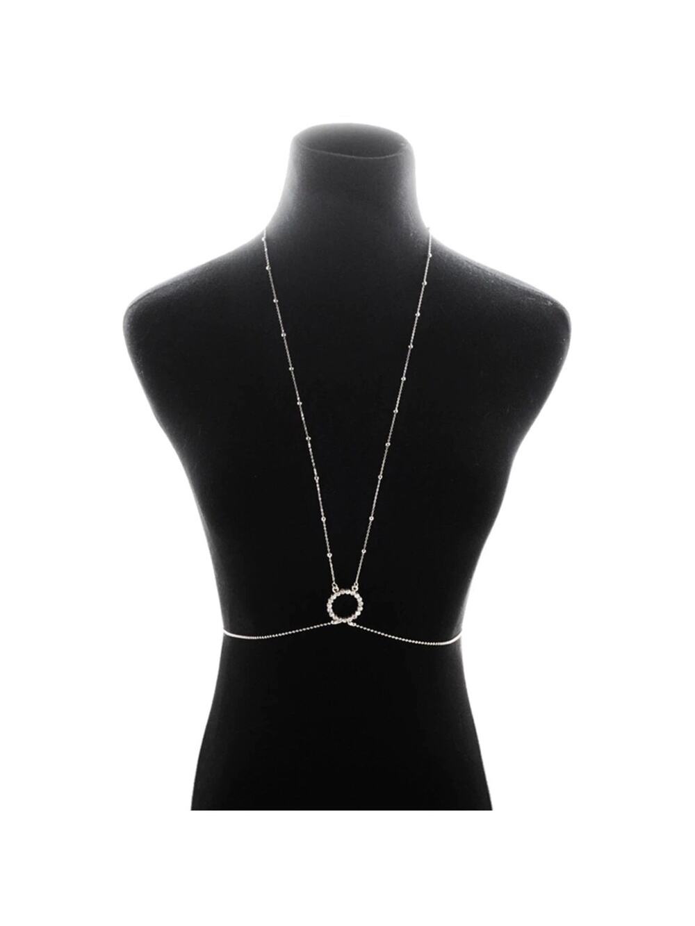 Body Torso Chain Harness Rhinestone Circle Silver